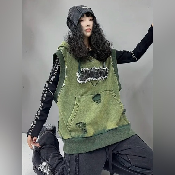 🆕 Unisex Cotton Hoodie Vest - Sleeveless - Distressed - Moto Sport - 100% COTTON - Picture 4 of 14